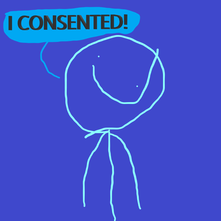 A badly drawn cyan stickfigure on a blue background with a speech bubble saying 